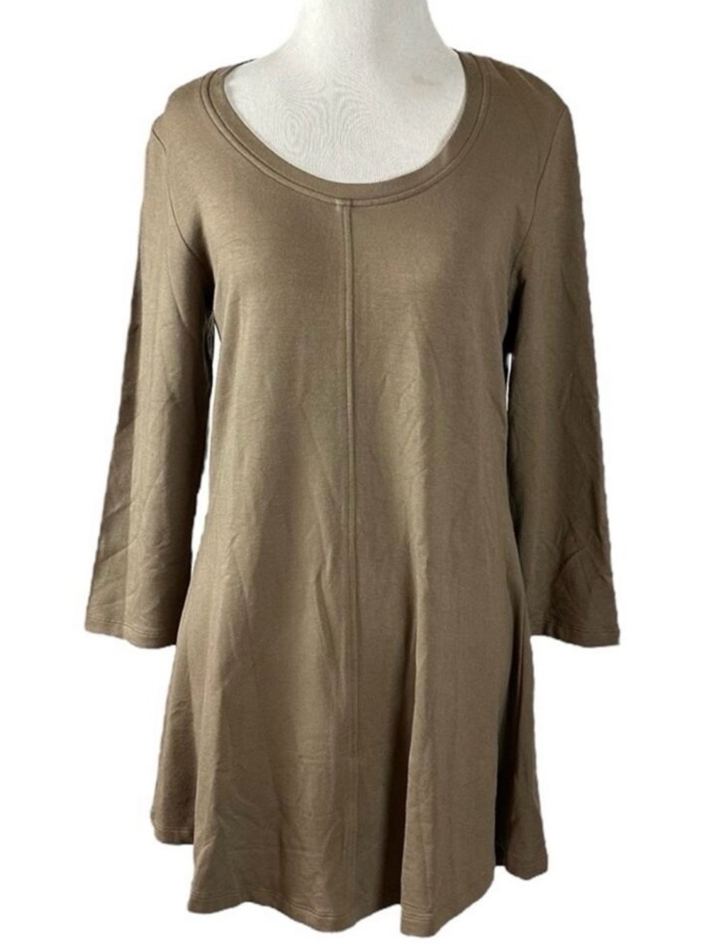 Flax Brown Swing Tunic Dress Size Small Rayon Neutral Scoop Neck 3/4 Sleeves